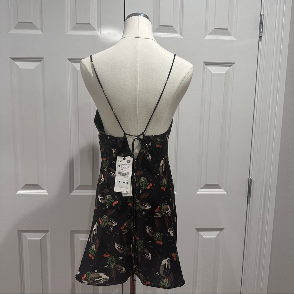 NWT Zara Black Satin Slip Dress Spaghetti Straps Mermaid Print Sexy Mini Size S - Picture 4 of 13